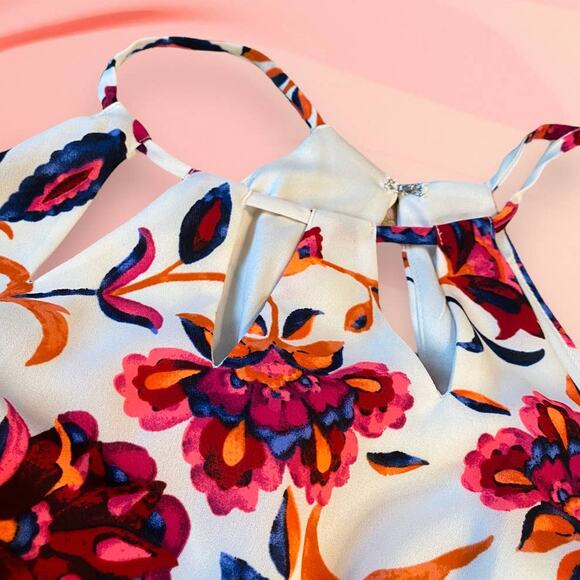 Express Vibrant Pink Cream Floral Mini Fit & Flare Summer Dress Size 4 - Picture 9 of 12